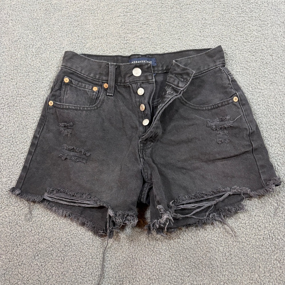 Aeropostale Jean Shorts Womens 4 Black 90s High Rise Cut-Off Distressed 8126